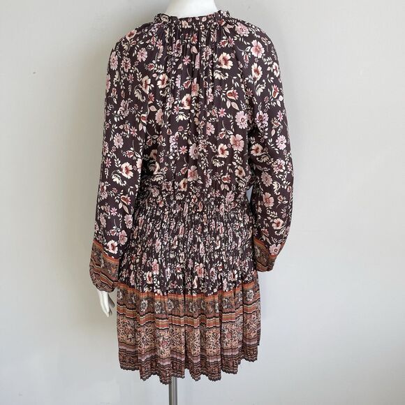Current Air Long Sleeve Satin Pleated Boho Dress Brown Floral M Cottage Chic - Picture 6 of 14